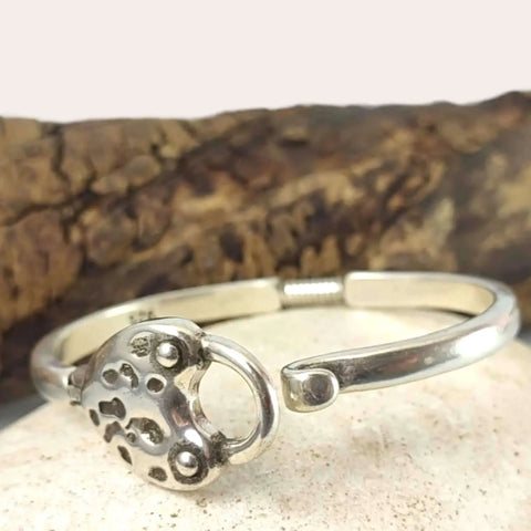 Silver Heart Hammered Bangle Bracelet  hammered heart centerpiece and spring tension closure