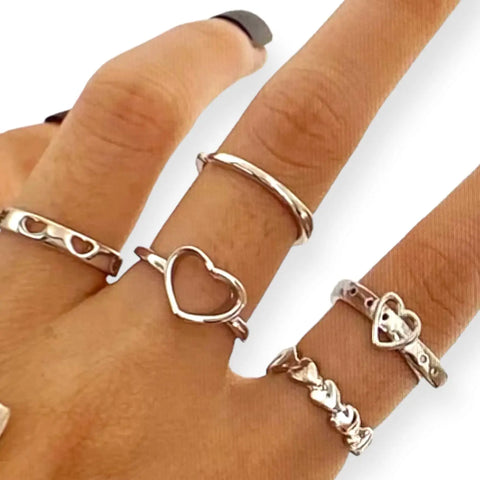 Dainty Heartful Silver Midi Knuckle Rings Set 5pcs - Wild Time Fashion