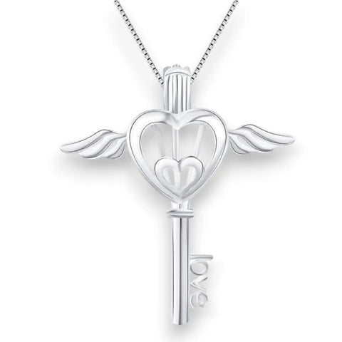 Close-up of silver heart wings key locket necklace with faux pearl and “LOVE” key detail on 16-inch sterling silver chain