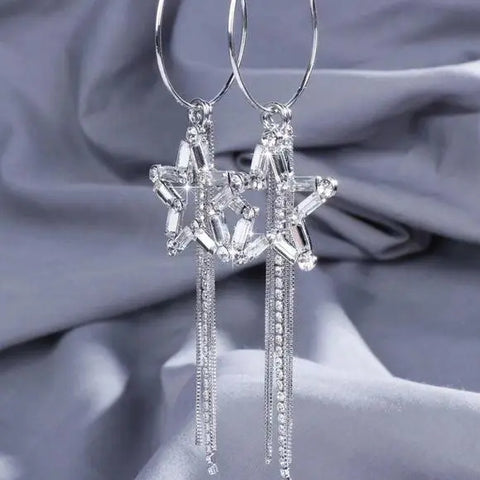 Silver Hoop Dangling Chain Crystal Star Statement Earrings - Wild Time Fashion