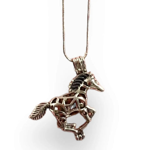 Silver horse pendant long necklace with glow-in-the-dark bead and essential oil lava stone on 28-inch snake chain in boho western style