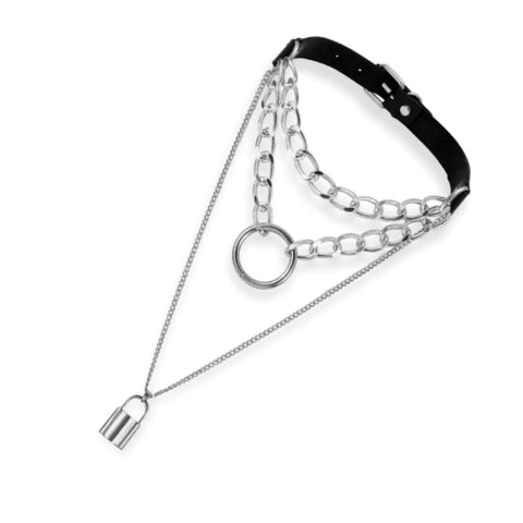 Silver locket black buckle choker necklace with O-ring pinch collar and long lock pendant chain on faux leather