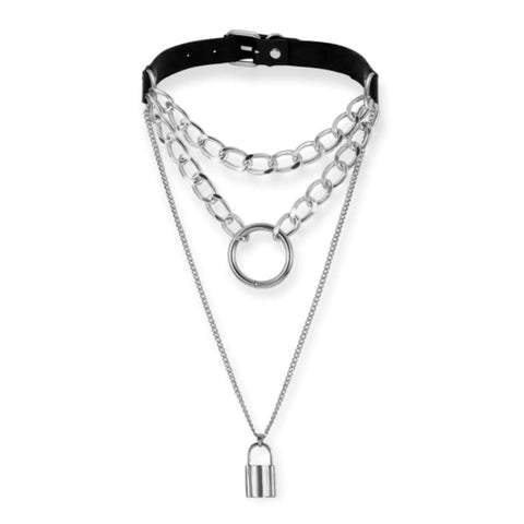 Silver locket black buckle choker necklace with O-ring pinch collar and long lock pendant chain on faux leather