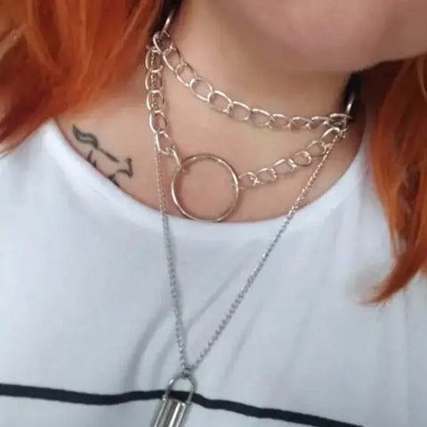 Gothic faux leather buckle choker with layered chain lock pendant styled for punk and Y2K fashion