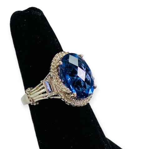 Silver Platinum Blue Fluorite Halo White Baguette Prong Setting Gemstone Statement Ring