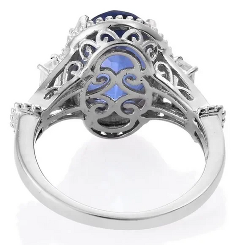 Silver Platinum Blue Fluorite Halo White Baguette Prong Setting Gemstone Statement Filagree Ring