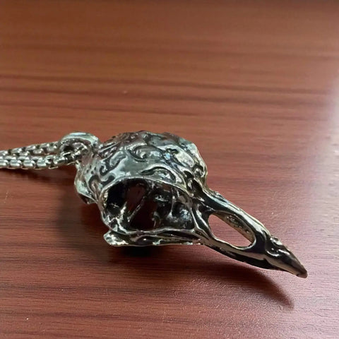 silver tone raven skull pendant on box chain necklace gothic raven skull necklace inspired by odin’s ravens