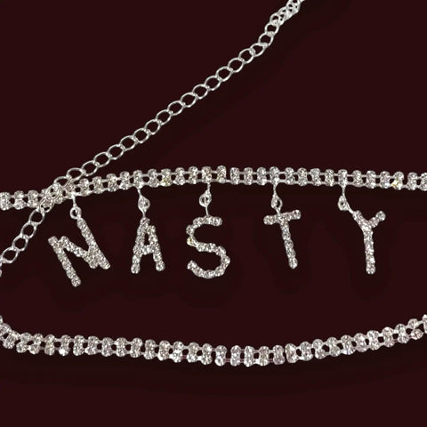 Silver Rhinestone Dangle Multi Wrap Anklet Nasty on dark red background