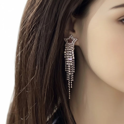 Silver Star Sparkle Long Tassel Dangle Earrings - Silver / Adults / alloy/rhinestones - Women’s Earrings