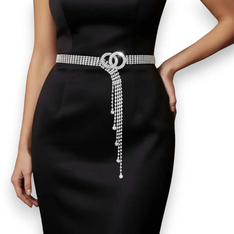 Woman silver sparkle rhinestone fringe waist belt double O-ring buckle hook closure