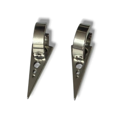 Silver Spiked Hinged Hoop Earrings with removable spear dangles, stainless steel huggie hoops, and click closure flat lay