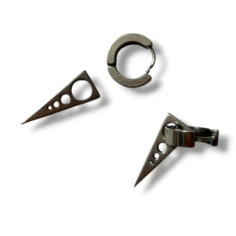Silver Spiked Hinged Hoop Earrings with removable spear dangles, stainless steel huggie hoops, and click closure separated