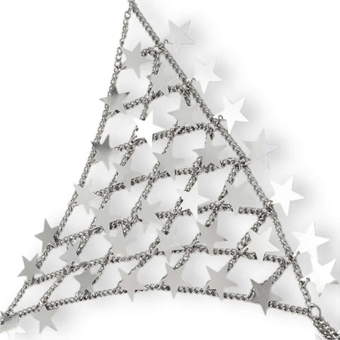 Silver Stars Sparkle Chest Chain Bra Top with star tassels and adjustable neck and waist chains festival body jewelry
