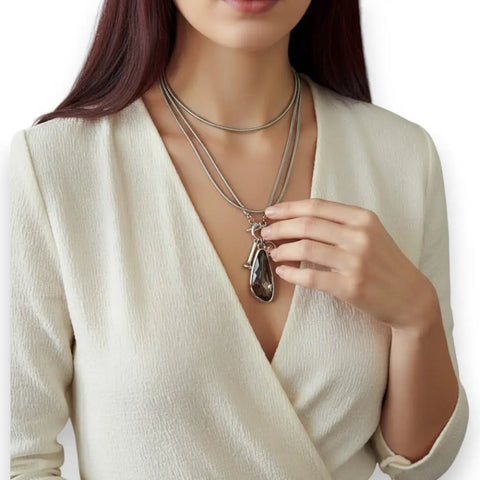 Silver Talisman Crystal Pendant Necklace long snake chain toggle closure dual wrap or waist length statement necklace