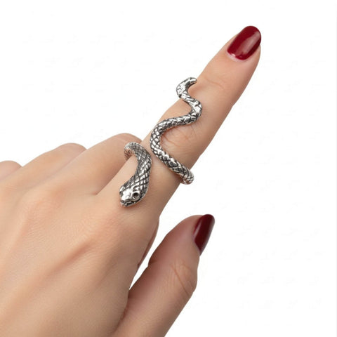 woman wearing on index finger Silver Texture Snake Wrap Ring with antique silver scales and adjustable open band