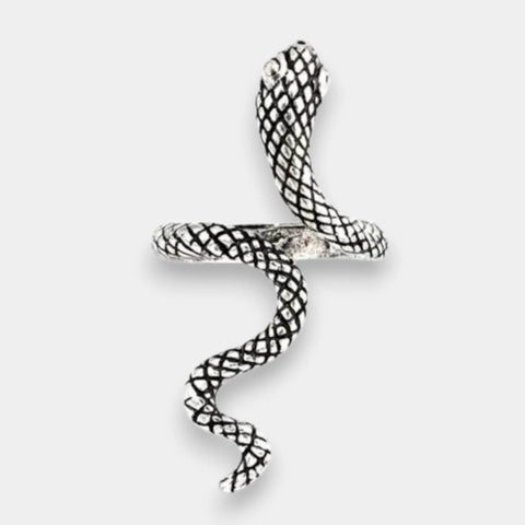 Silver Texture Snake Wrap Ring with antique silver scales and adjustable open band flat lay 