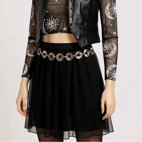Silver Textured Cut Out Metal Link Belt  round cut out link concho adjustable fashion belt