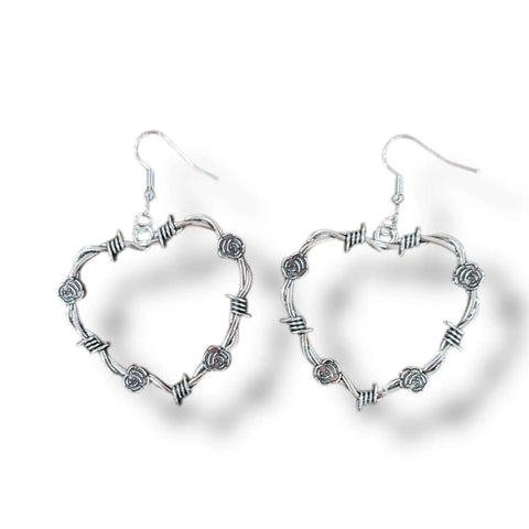 silver thorn floral open heart dangle earrings with barbed wire style edges and fish hook closure gothic boho y2k jewelry