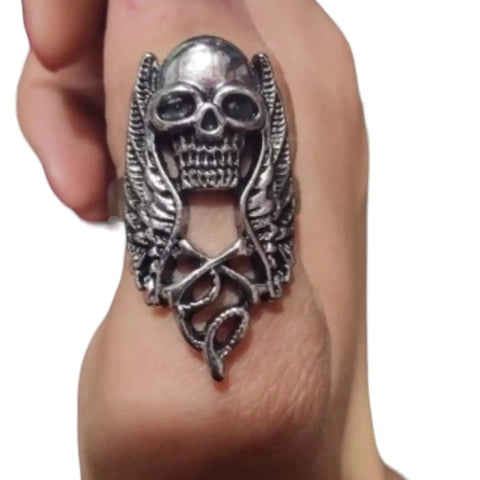 Silver winged skull serpent ring in antique silver with elongated design showing skull, wing, and serpent detail, statement ring sizes 9 10 11