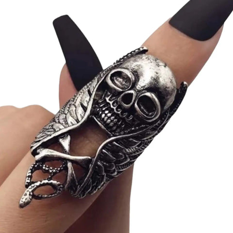 Silver winged skull serpent ring in antique silver with elongated design showing skull, wing, and serpent detail, statement ring sizes 9 10 11