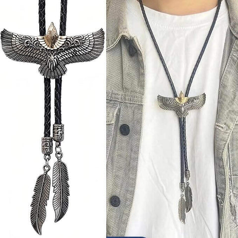 american eagle bolo tie with gold and silver eagle pendant black braided faux leather cord and antique silver feather tips