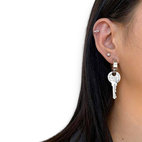 Silver Dangle Key Hoop Earrings