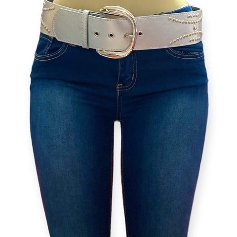 Silver Studded Wide Statement Belt metallic wide belt worn with jeans
