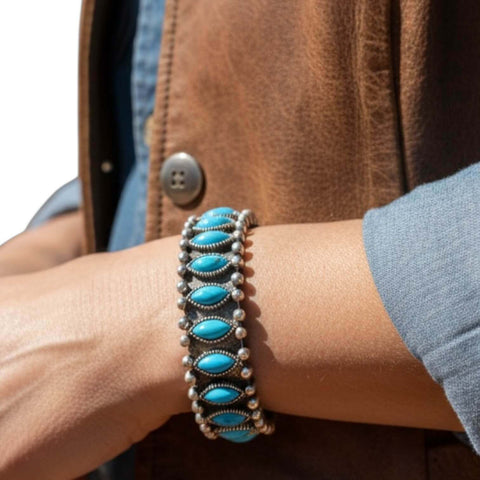 Rustic Silver Western Stone Cuff bracelet with antique etched metal and nine marquise faux stone inlays blue, green, white, or red 