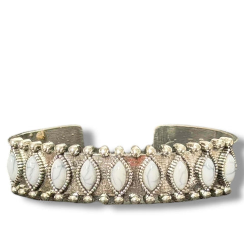 Rustic Silver Western Stone Cuff bracelet with antique etched metal and nine marquise faux stone inlays blue, green, white, or red 