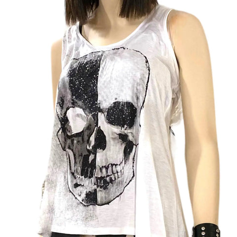 Women's White Skull Black Mesh Panel Tank Top - XL - Wild Time Fashion