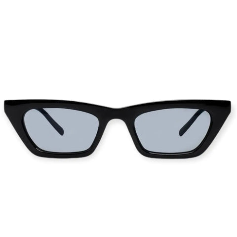 Sleek small black rectangle sunglasses with slim gray UV400 lenses, unisex festival fashion shades, durable acrylic frame with metal hinges
