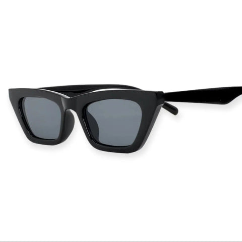 Sleek small black rectangle sunglasses with slim gray UV400 lenses, unisex festival fashion shades, durable acrylic frame with metal hinges