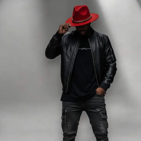 Sleek Wide Brim Fedora Hat with removable gold black lace chain band in red, dark brown and light gray 
