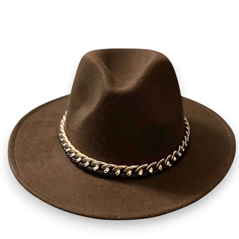 Sleek Wide Brim Fedora Hat with removable gold black lace chain band in red, dark brown and light gray 