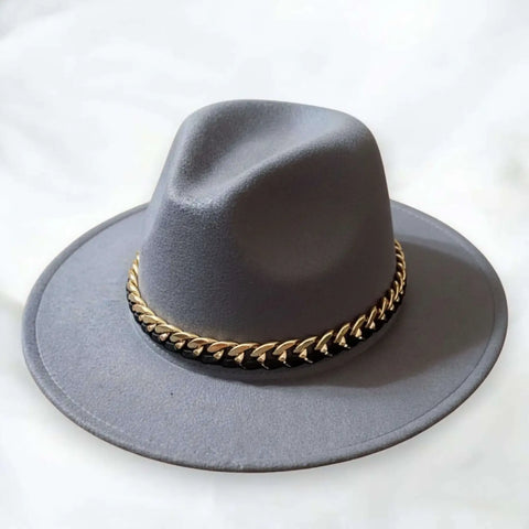 Sleek Wide Brim Fedora Hat with removable gold black lace chain band in red, dark brown and light gray 