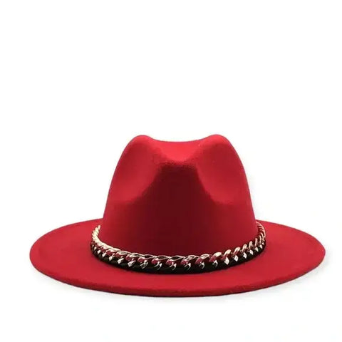 Sleek Wide Brim Fedora Hat with removable gold black lace chain band in red, dark brown and light gray 