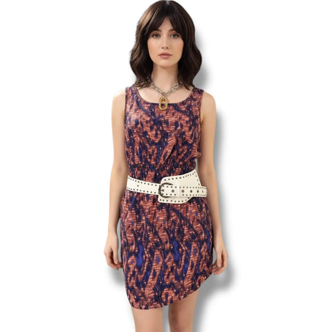 Sleeveless Abstract Knee Length Dress pink purple front pockets cropped top casual dress