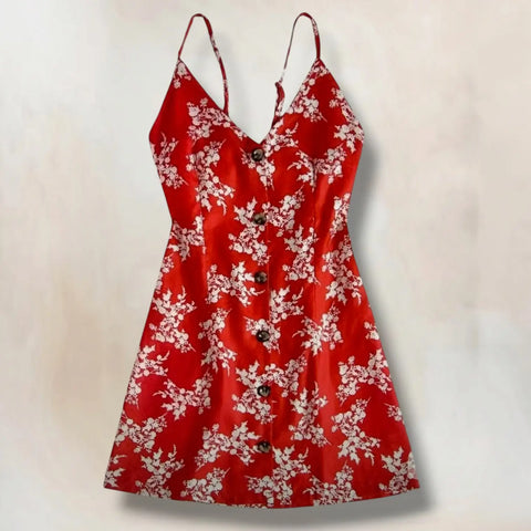 Sleeveless Red Floral Button Front Back Tie Mini Dress with open back bow and summer style