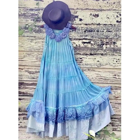  Sleeveless gradient blue cotton maxi dress with rosette neckline and ruffle hem, handmade boho western summer festival fashion