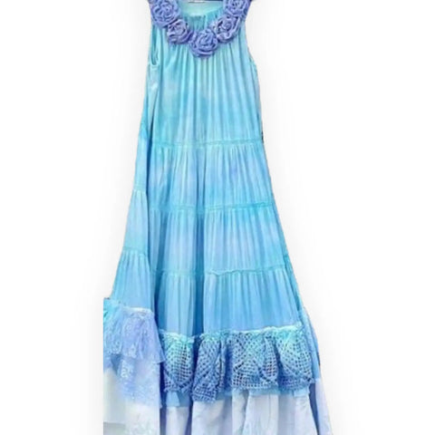  Sleeveless gradient blue cotton maxi dress with rosette neckline and ruffle hem, handmade boho western summer festival fashion