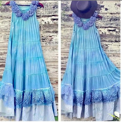  Sleeveless gradient blue cotton maxi dress with rosette neckline and ruffle hem, handmade boho western summer festival fashion