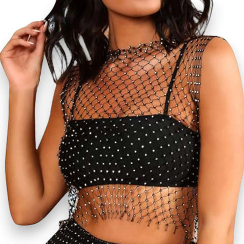 Sleeveless Sparkly Sheer Mesh Crop Top white or black round rhinestone beaded fishnet festival clubwear one size