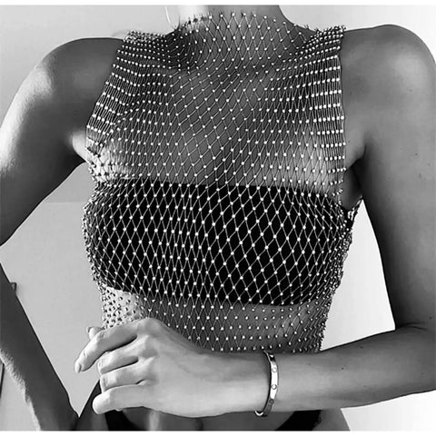 Sleeveless Sparkly Sheer Mesh Crop Top white or black round rhinestone beaded fishnet festival clubwear one size