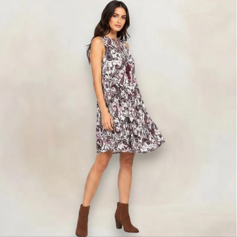 Sleeveless Blush and Maroon Paisley A-Line Mini Dress - Sleeveless Casual Mini Dress / Medium / Pink/Burgundy/White