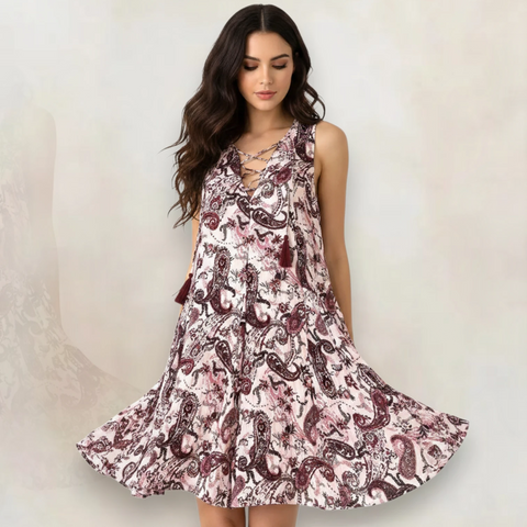 Sleeveless Blush and Maroon Paisley A-Line Mini Dress - Sleeveless Casual Mini Dress / Medium / Pink/Burgundy/White