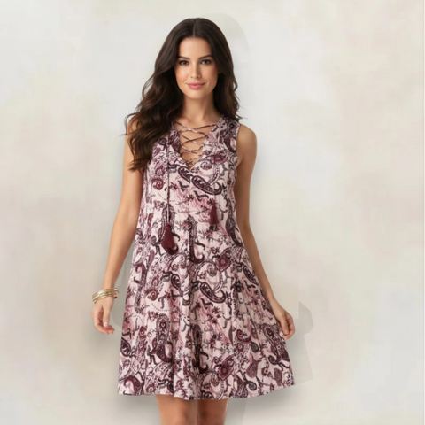 Sleeveless Blush and Maroon Paisley A-Line Mini Dress - Sleeveless Casual Mini Dress / Medium / Pink/Burgundy/White