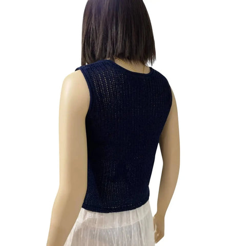 back view of navy blue Sleeveless V Neck Knit Vest Top in crochet knit with cropped two-button cardigan vest style / women's/ large