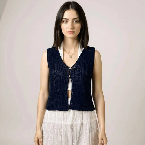 Woman wearing with white outfit Navy Blue Sleeveless V Neck Knit Vest Top in crochet knit with cropped two-button cardigan vest style / women's/ large
