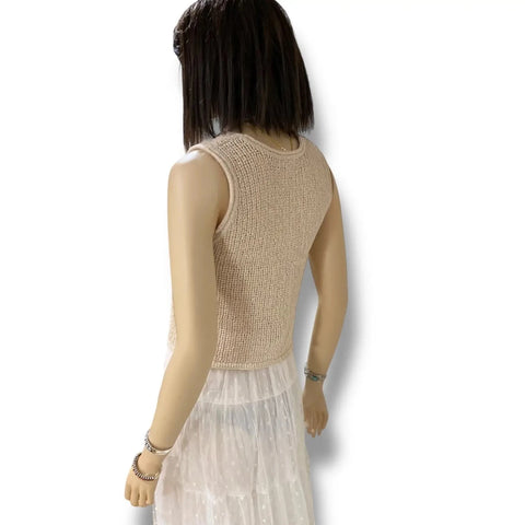 back view of Tan Sleeveless V Neck Knit Vest Top in crochet knit with cropped two-button cardigan vest style / women's/ large