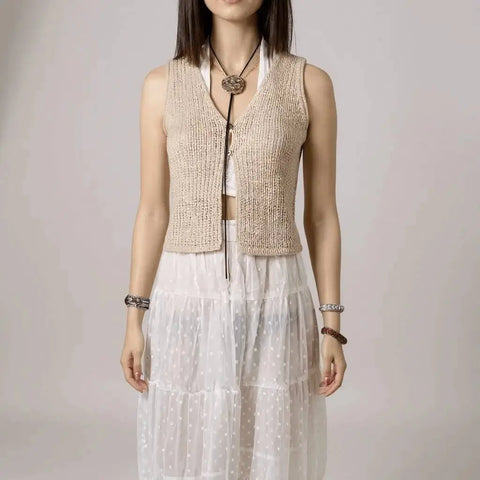 tan sleeveless v-neck knit vest top with two-button placket